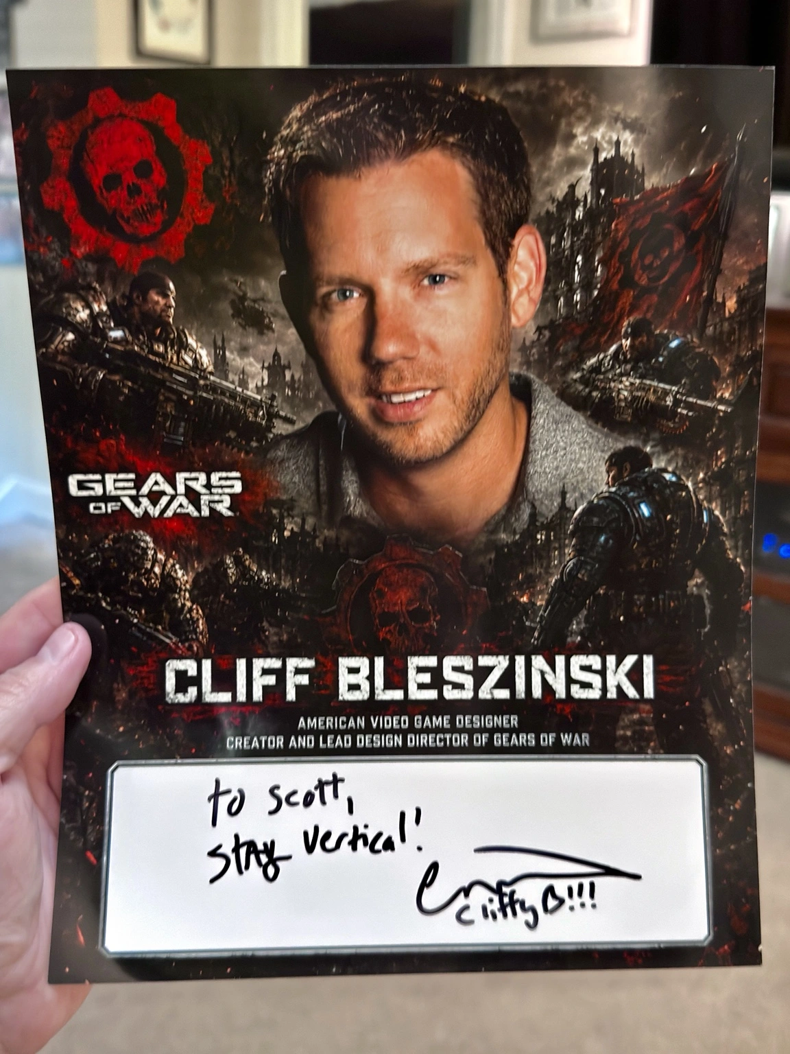 Scott Brooks’s custom Cliff Bleszinski collage, signed and personalized to Scott.