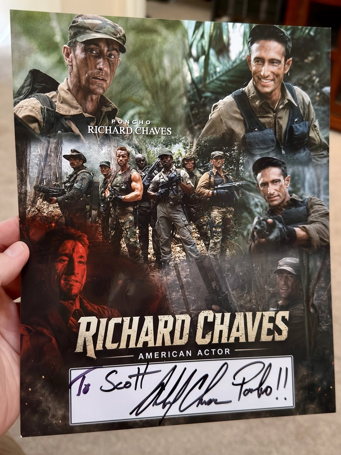 Richard Chaves personalized my Predator collage “To Scott” and added “Poncho!!”