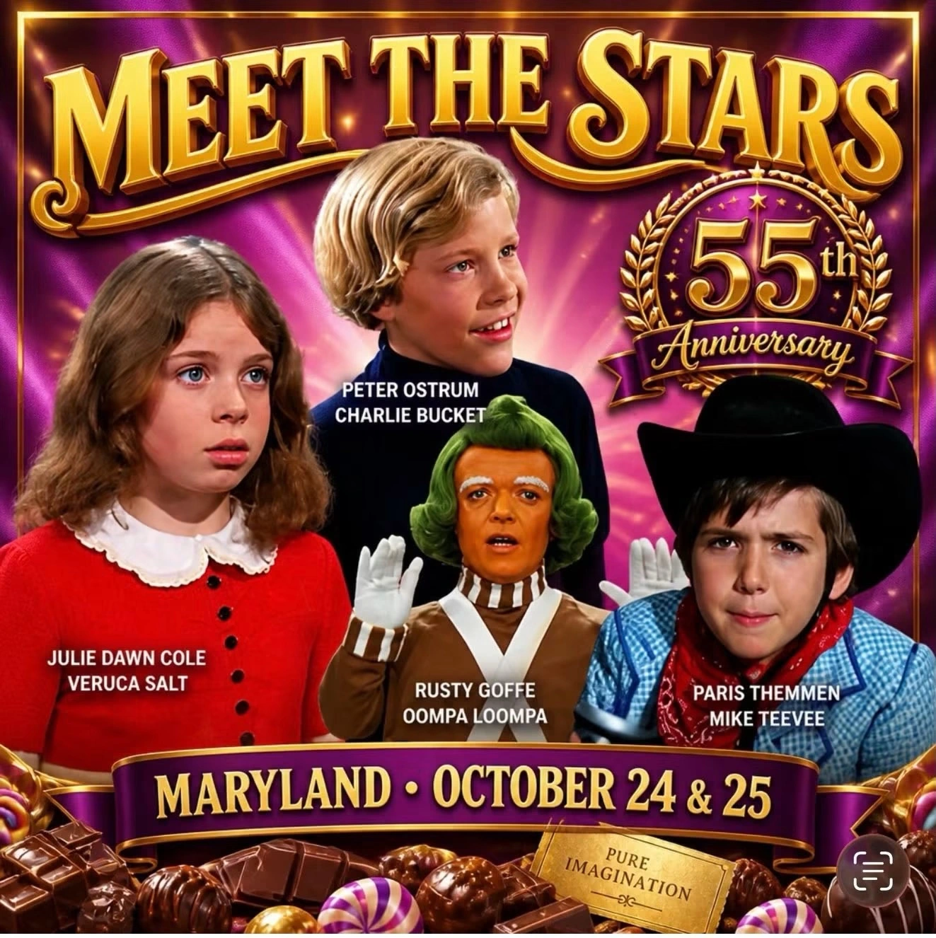 The Chocolate Expo Meet the Stars poster celebrating the 55th anniversary of Willy Wonka & The Chocolate Factory, featuring Peter Ostrum, Julie Dawn Cole, Rusty Goffe, and Paris Themmen in Maryland on October 24 and 25.