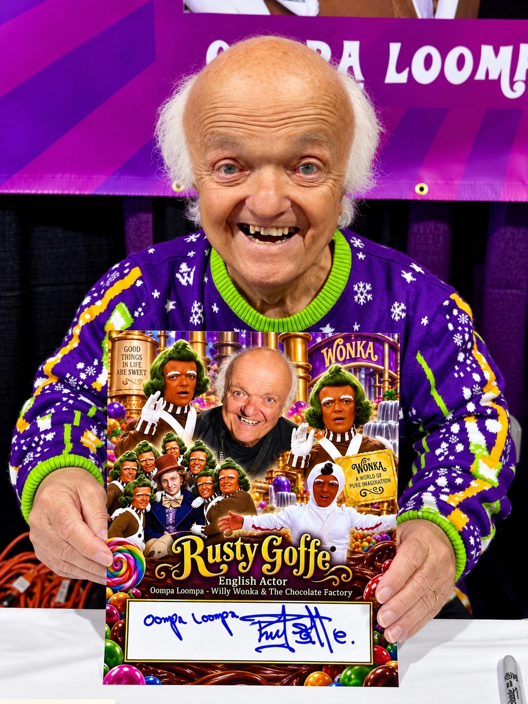 Rusty Goffe proudly holding the finished signed design.