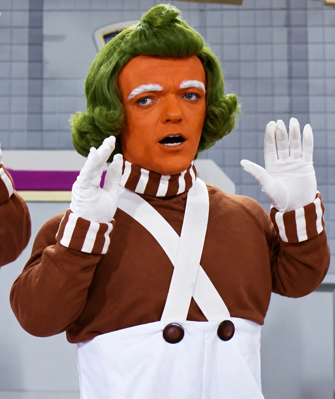 Rusty Goffe as an Oompa Loompa with green hair and white gloves in Willy Wonka & The Chocolate Factory.