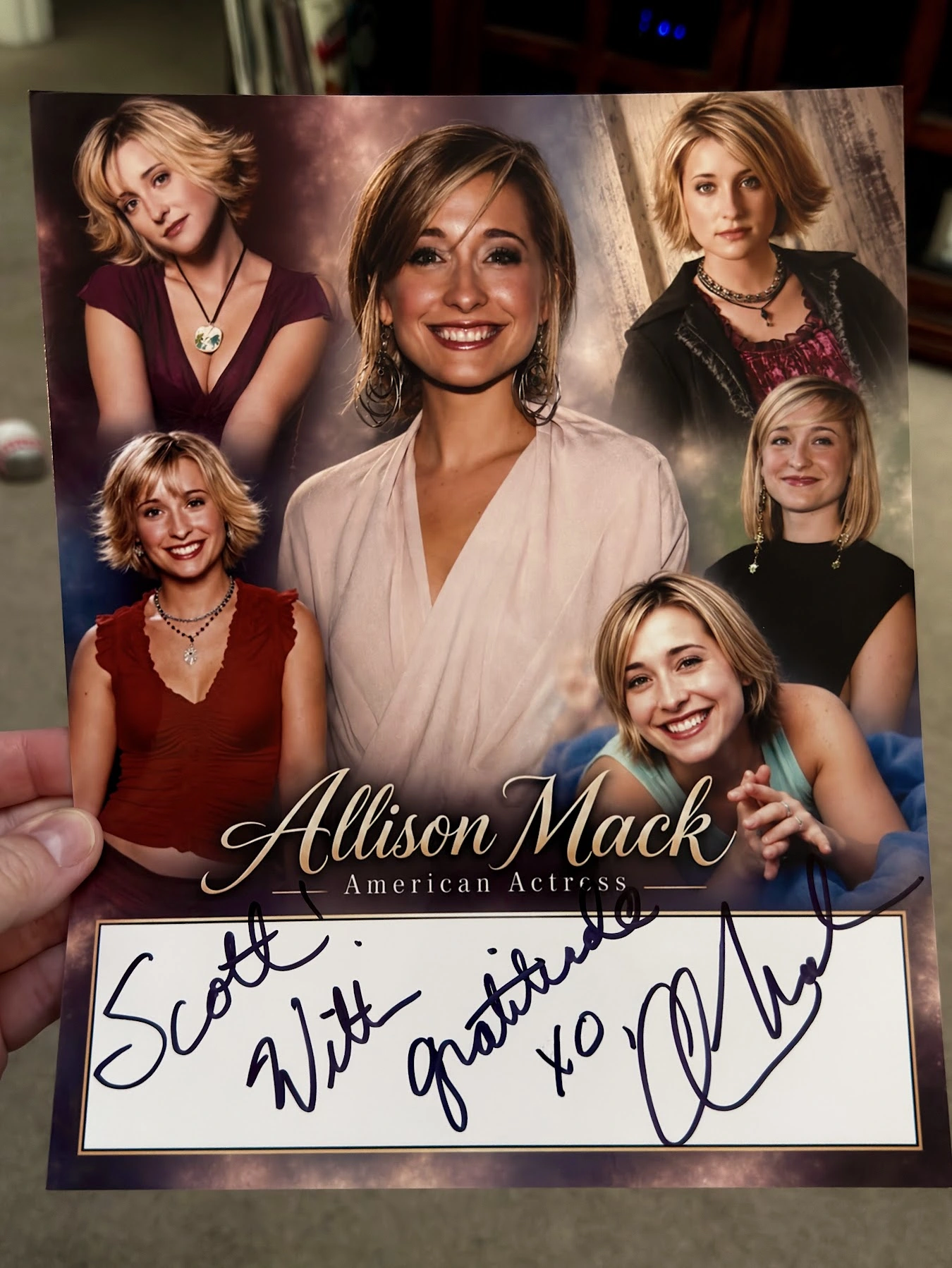 Scott Brooks holding his custom Allison Mack collage, personalized to Scott with a handwritten With gratitude message, xo, and her autograph.