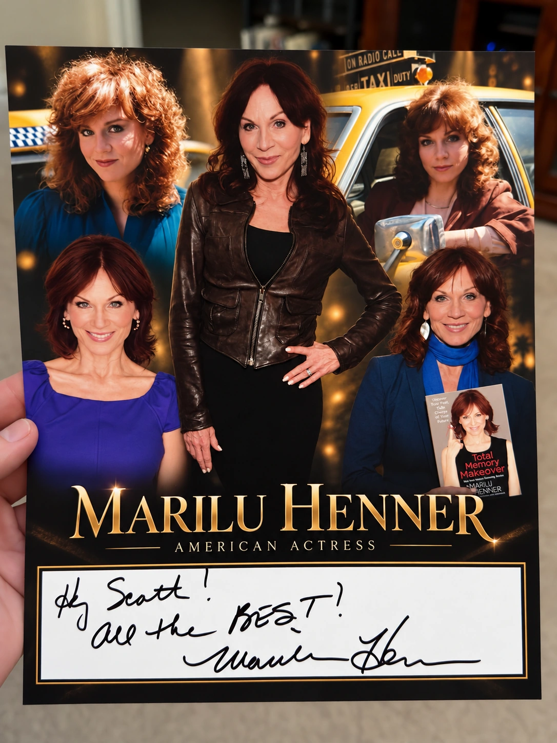 Scott Brooks holding his custom Marilu Henner collage with Taxi imagery, personalized Hey Scott! All the best! and signed by Marilu.