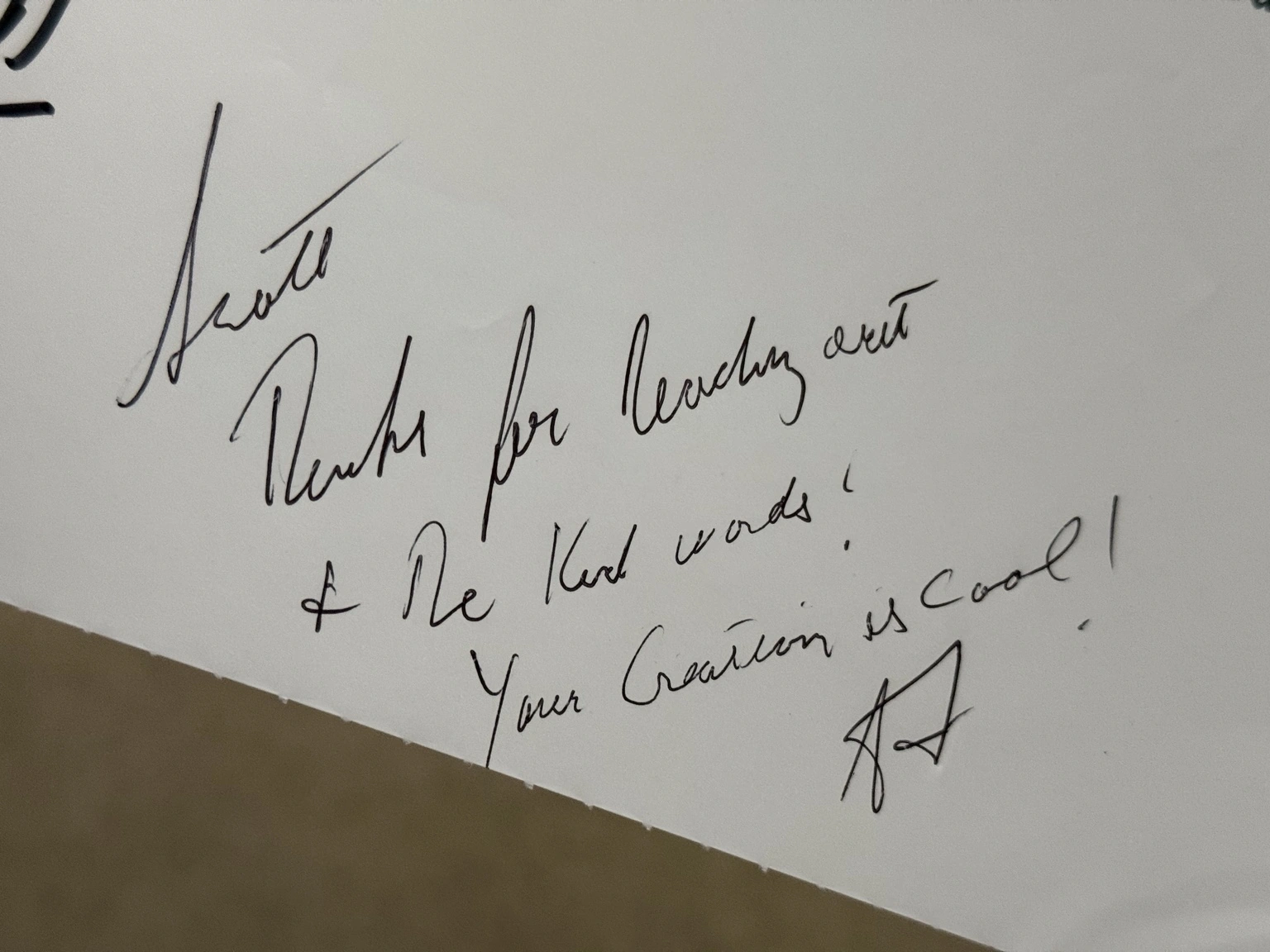 Antonio Fargas’s handwritten reply on Scott’s returned letter, including the words Your creation is cool!