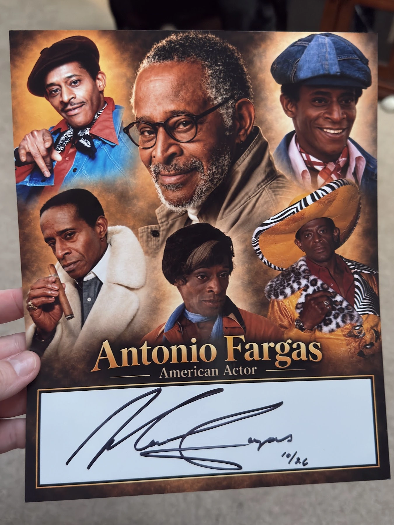 Antonio Fargas career collage featuring Huggy Bear and other roles, with his autograph across the white signing space.