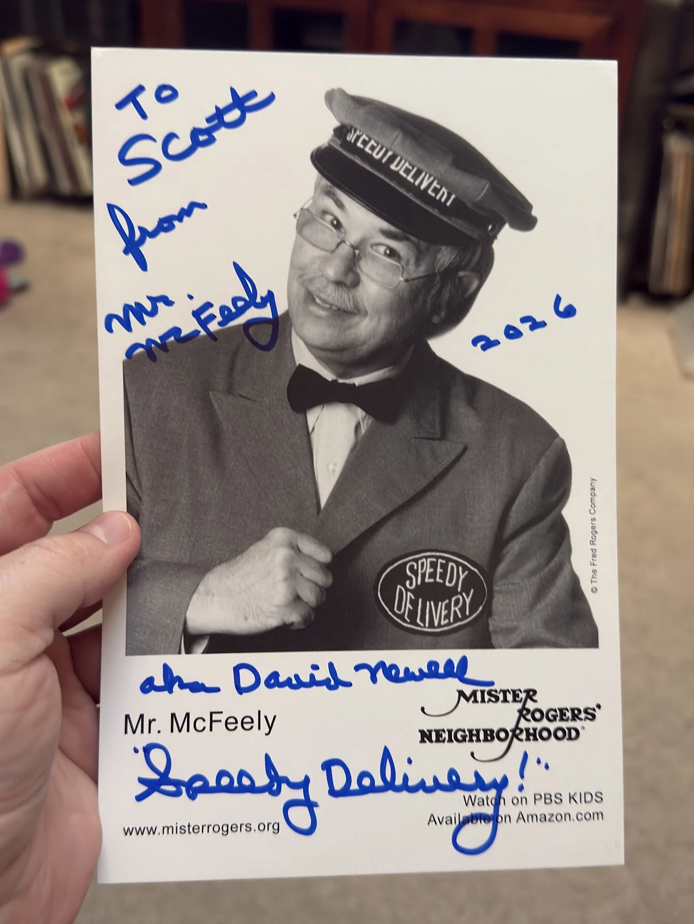 Black-and-white portrait of David Newell as Mr. McFeely, personalized to Scott and signed in blue.