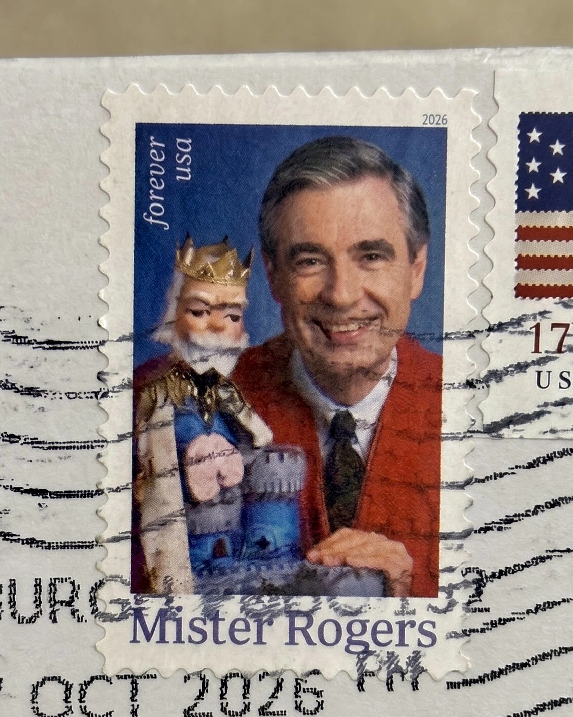 Close-up of the postmarked Mister Rogers stamp on David Newell’s return envelope.
